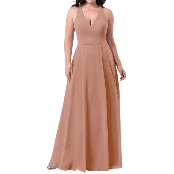 Azazie Mimi Dress Champagne Rose Long Bridesmaid Formal Gown Women’s Size 12 - Picture 1 of 13